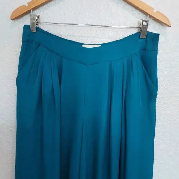 Anthropologie's Elevenses Teal Blue Super Wide Leg Palazzo Pants Pleats Size 10 - Picture 3 of 12